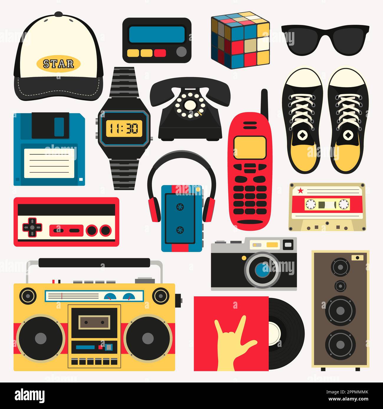 Vector équipements de style ancien, accessoires et objets icônes ensemble. Collection Old School de style plat. Modèles de conception dans EPS10. Banque D'Images