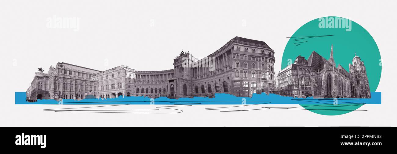 Images assorties de Vienne Autriche en collage sur fond blanc. Collage d'art, design Banque D'Images