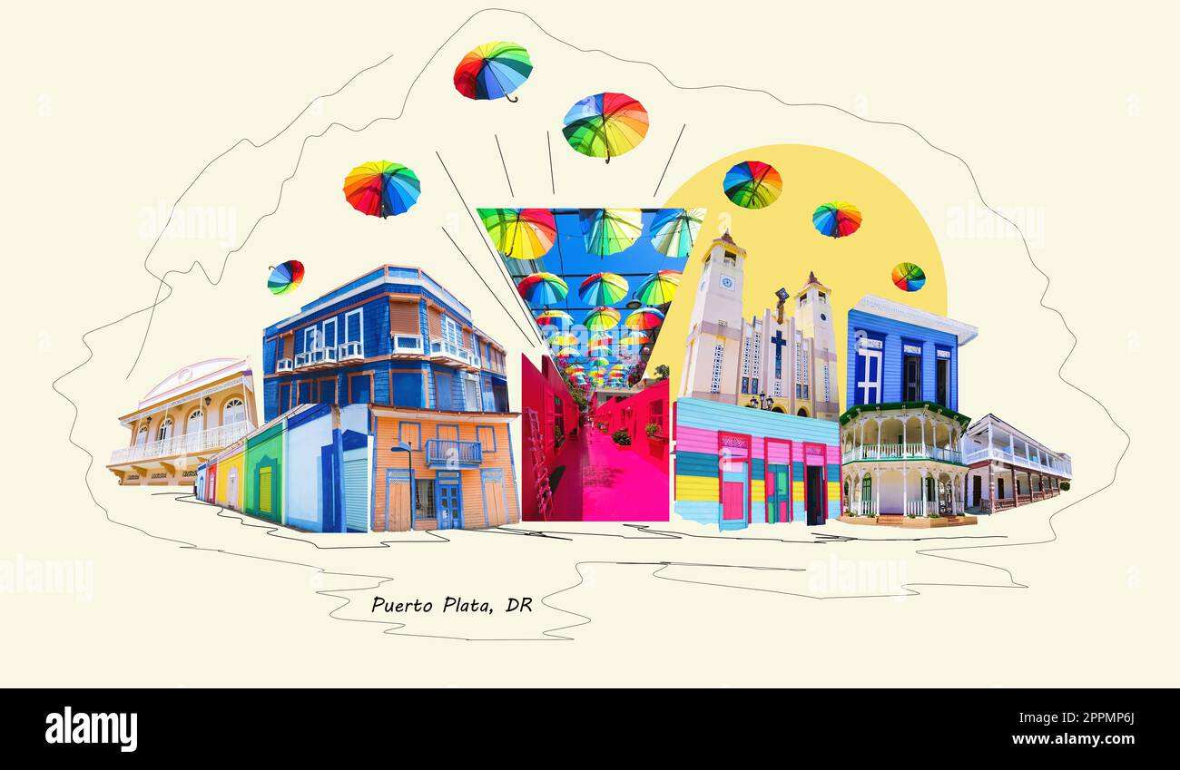 Bâtiments colorés dans le centre de Puerto Plata, République dominicaine. Collage. Rue rose avec des plantes vertes, fenêtres, jambières de rue, entourage des caraïbes dans le style victorien de la vieille ville. Design artistique Banque D'Images