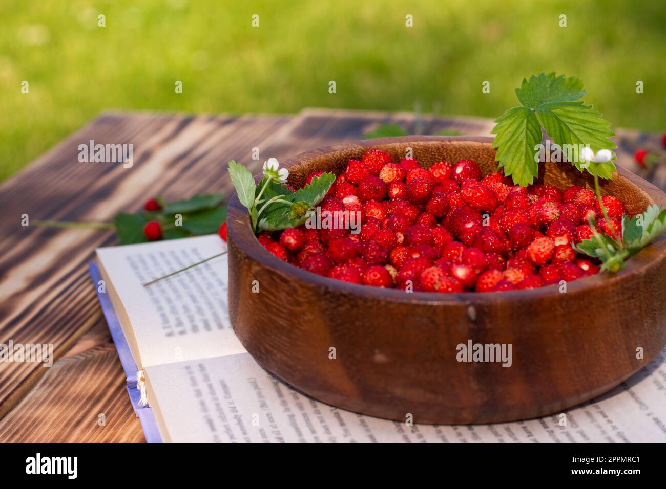 Un bol en bois de fraises sauvages mûres rouges et de fleurs avec un livre sur une vieille surface en bois. Espace de copie. Banque D'Images