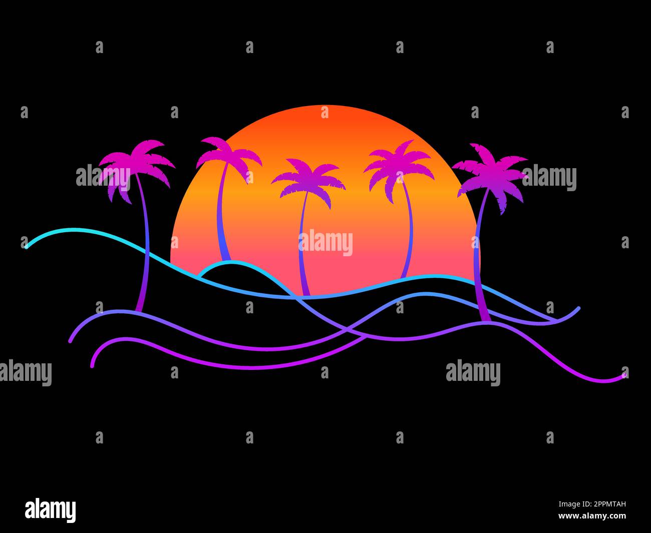 Contour de paysage de ligne avec des palmiers et lever le soleil sur un fond noir. Paysage tropical d'été dans un style minimaliste. Conception pour l'impression de t-sh Illustration de Vecteur