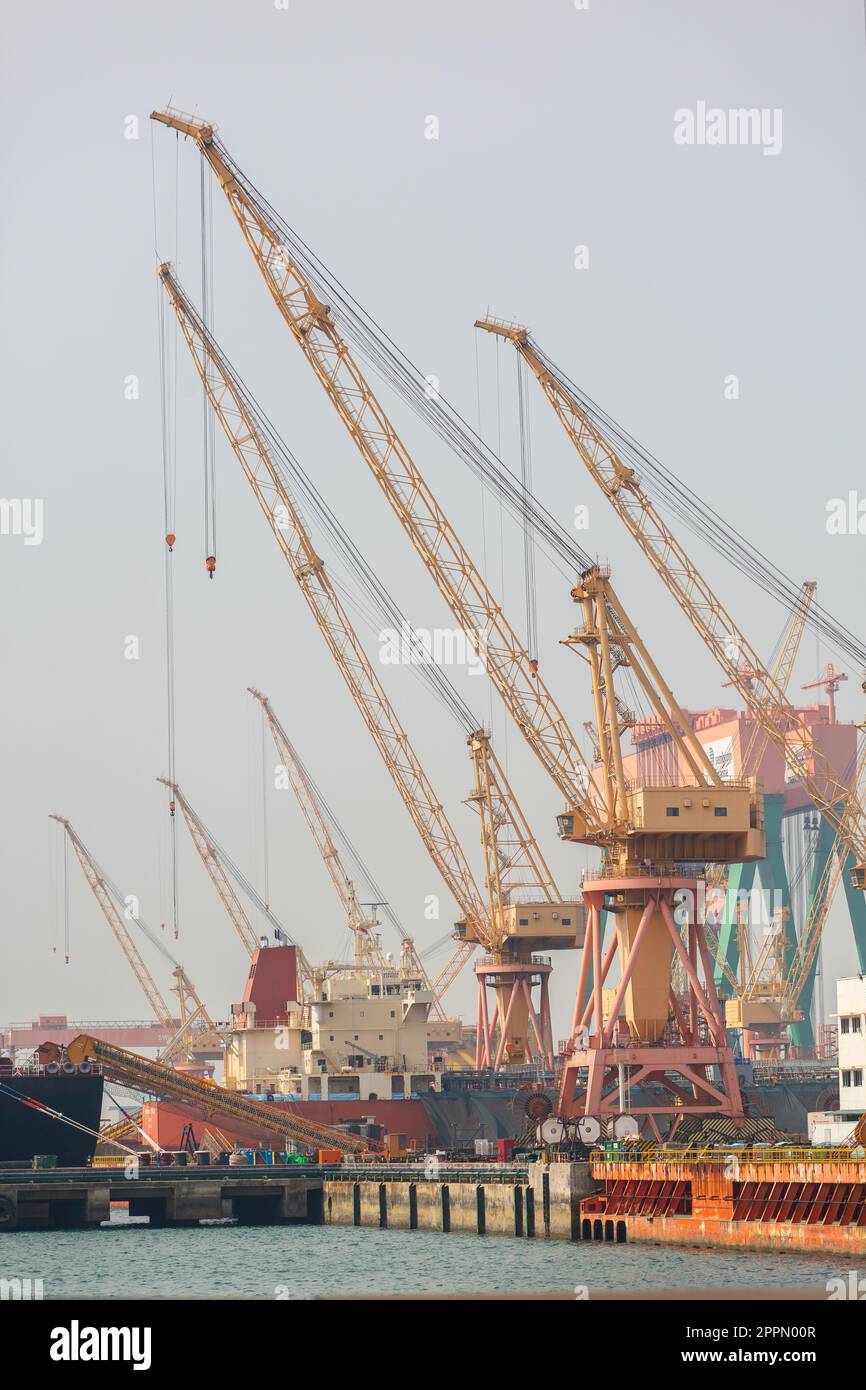 Rangée de grues hautes à l'intérieur du chantier naval pour l'exploitation de marchandises ou d'équipements tels que le déchargement et le chargement sur ou hors du navire. Vue verticale, Singapour. Banque D'Images