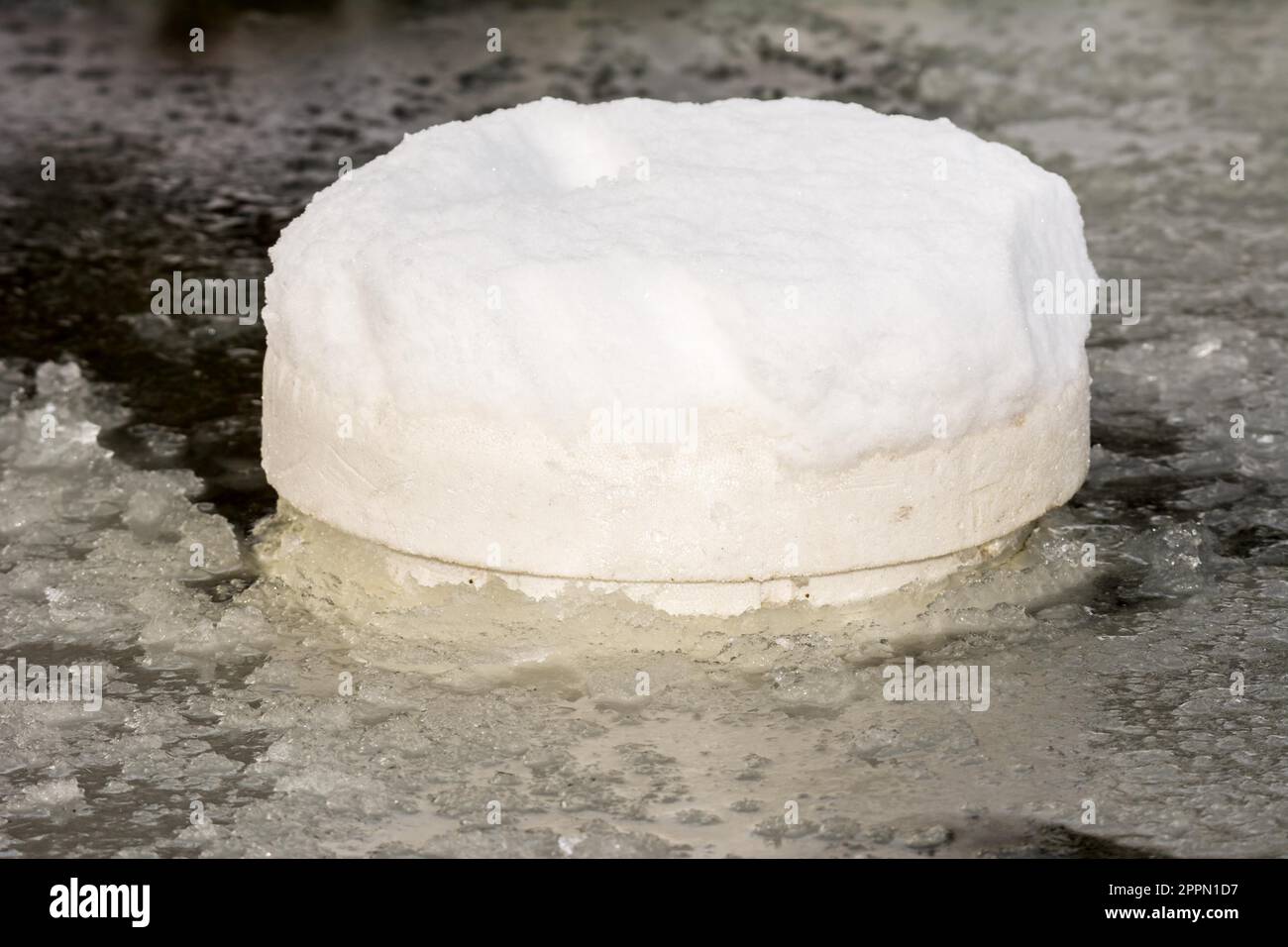 Médicament de glace flottante faite de styrofoam dans un étang gelé Banque D'Images