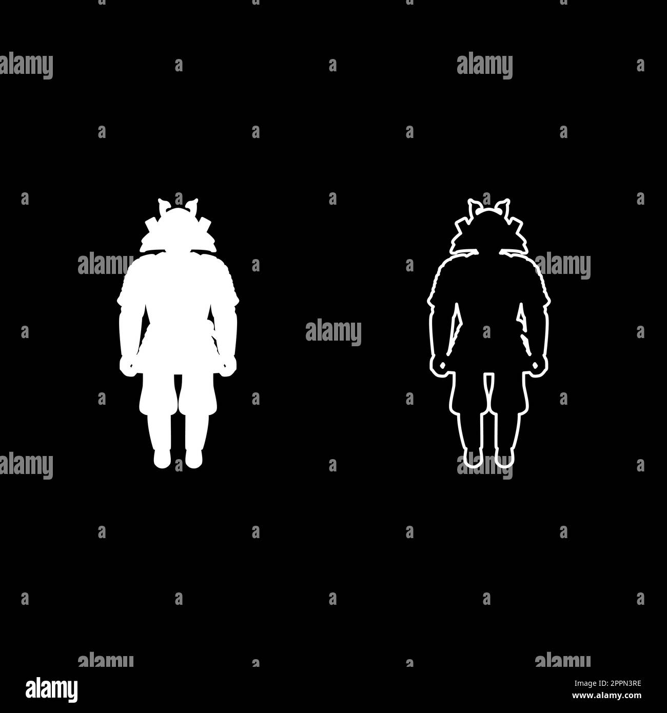 Samouraï japonais de la guerre héros silhouette guerrier ensemble icône blanc couleur vecteur illustration image remplissage plein contour ligne mince plat style Illustration de Vecteur
