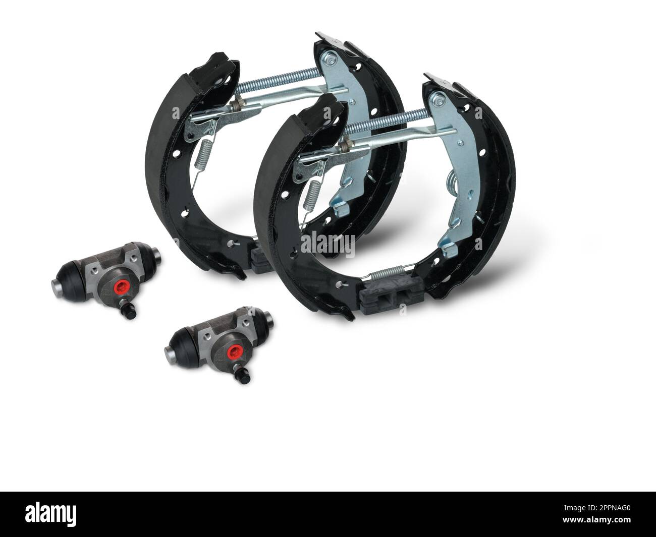 Kit de frein à tambour arrière pré-assemblé. Gros plan sur fond blanc. Banque D'Images
