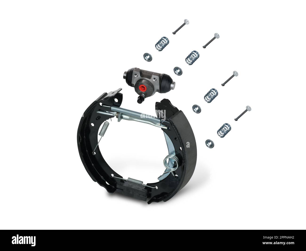 Frein à tambour arrière . Schéma d'installation des pièces. Gros plan sur fond blanc. Banque D'Images
