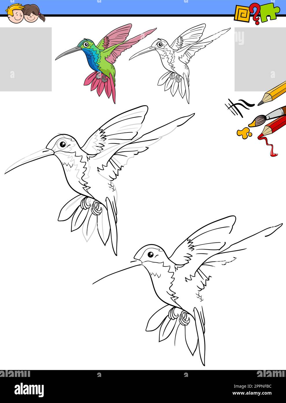 tâche de dessin et de coloriage avec le personnage de colibri Illustration de Vecteur