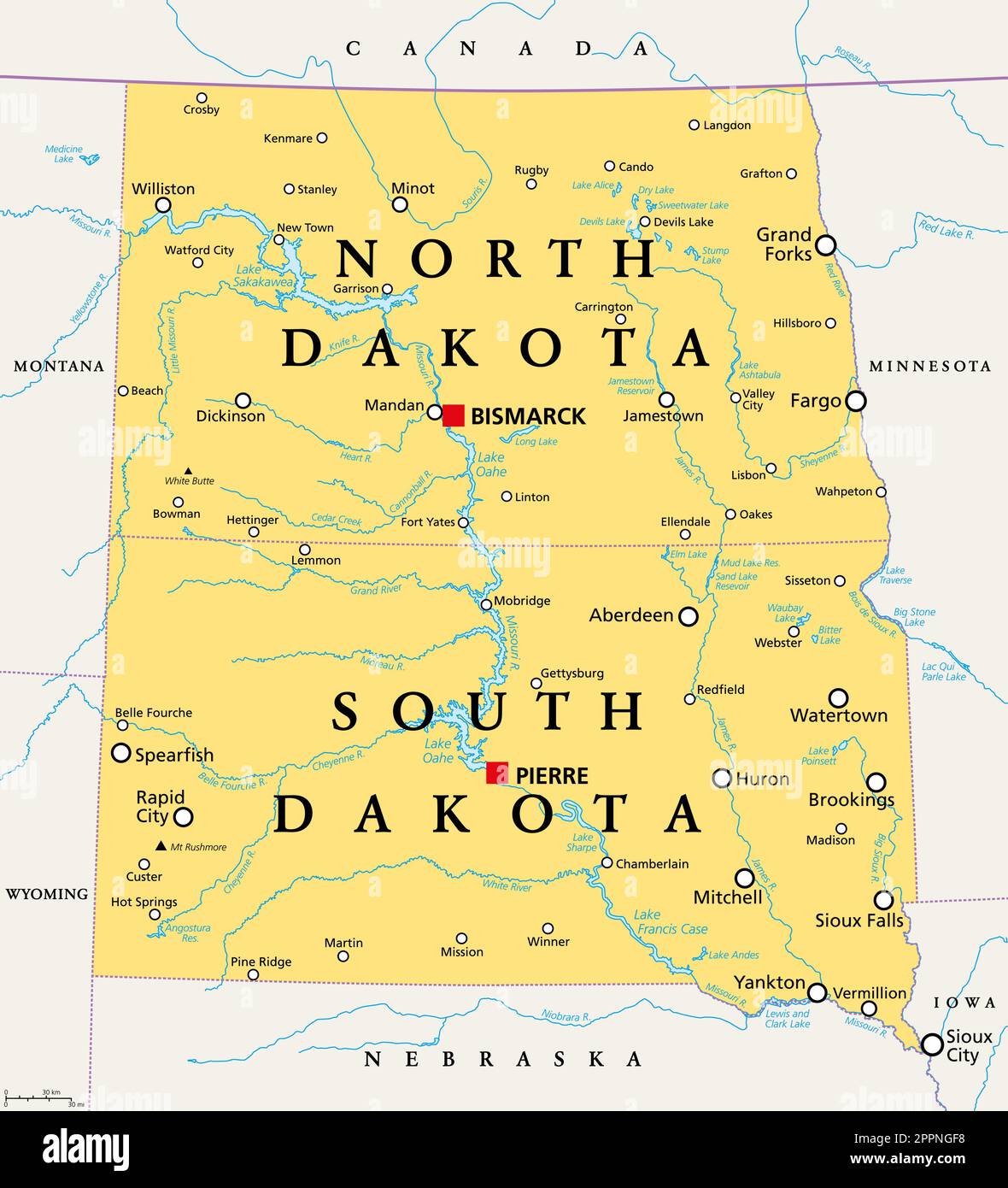 La carte politique des Dakotas, Dakota du Nord et Dakota du Sud des États-Unis Illustration de Vecteur