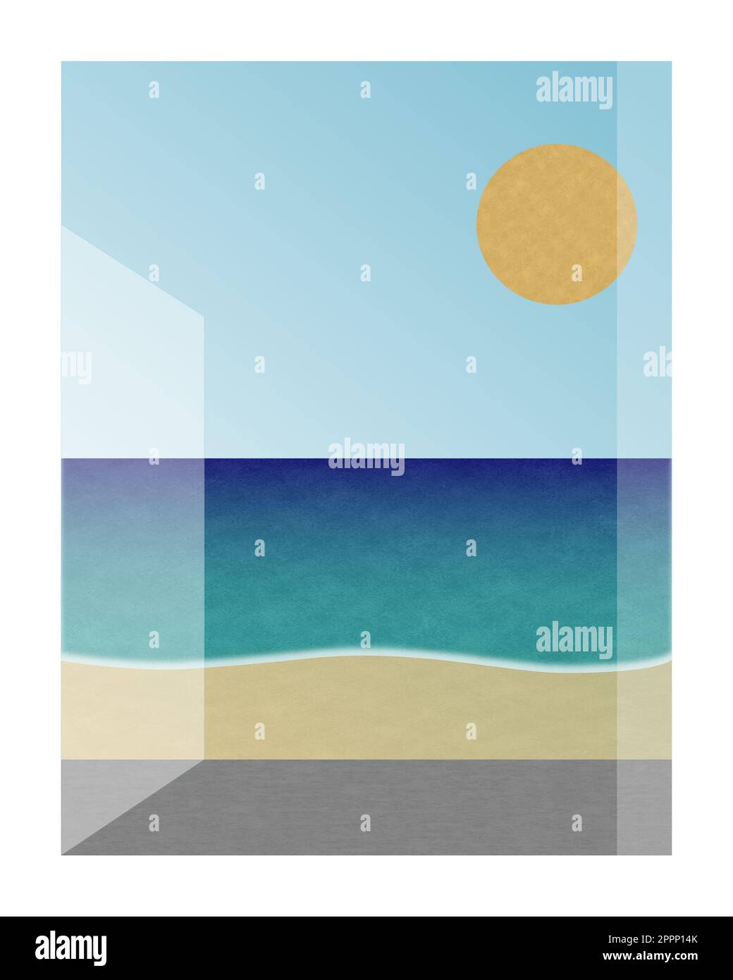 Une fenêtre avec vue sur l'océan et le soleil dans un cadre blanc. Banque D'Images