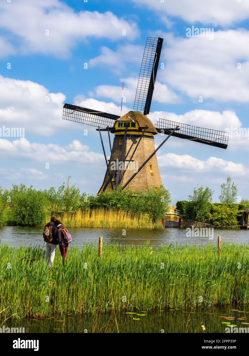 Un couple amoureux admirant le moulin à vent de Kinderdijk, dans la province de la Hollande du Sud, pays-Bas. Banque D'Images