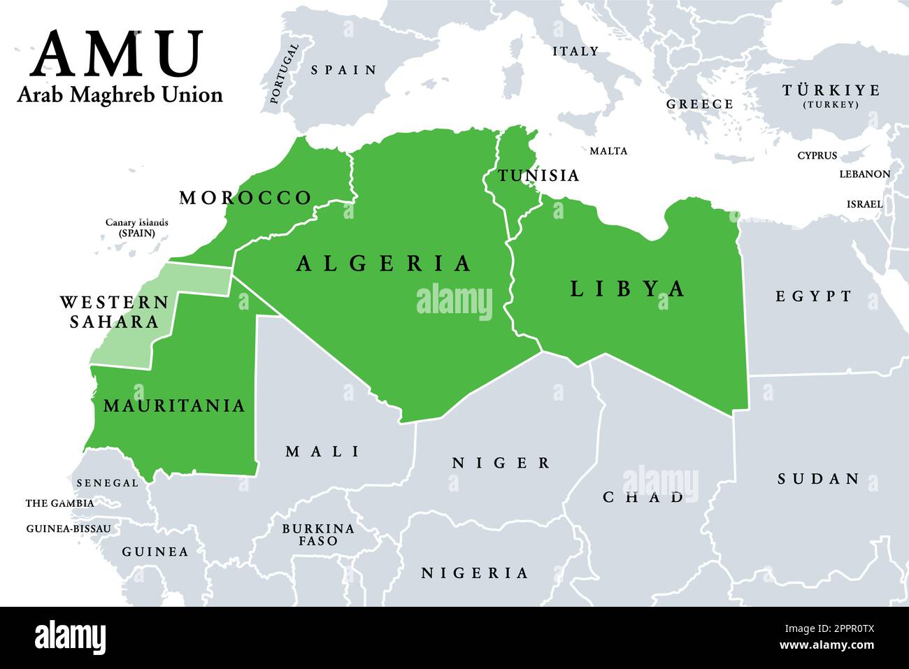 Union du Maghreb arabe, UMA, Etats membres, carte politique Illustration de Vecteur