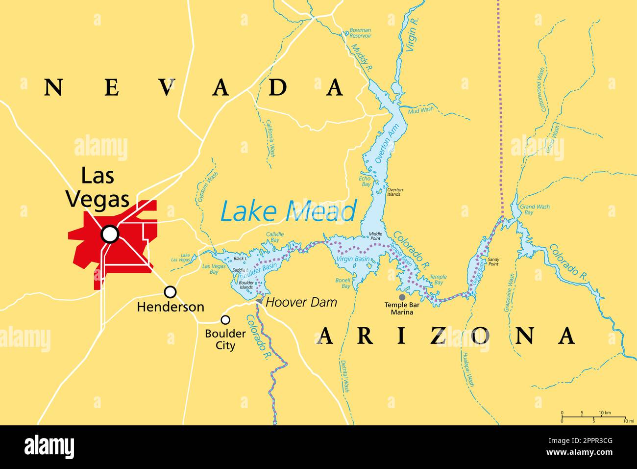 Las Vegas et Lake Mead, sud-ouest des États-Unis, carte politique Illustration de Vecteur