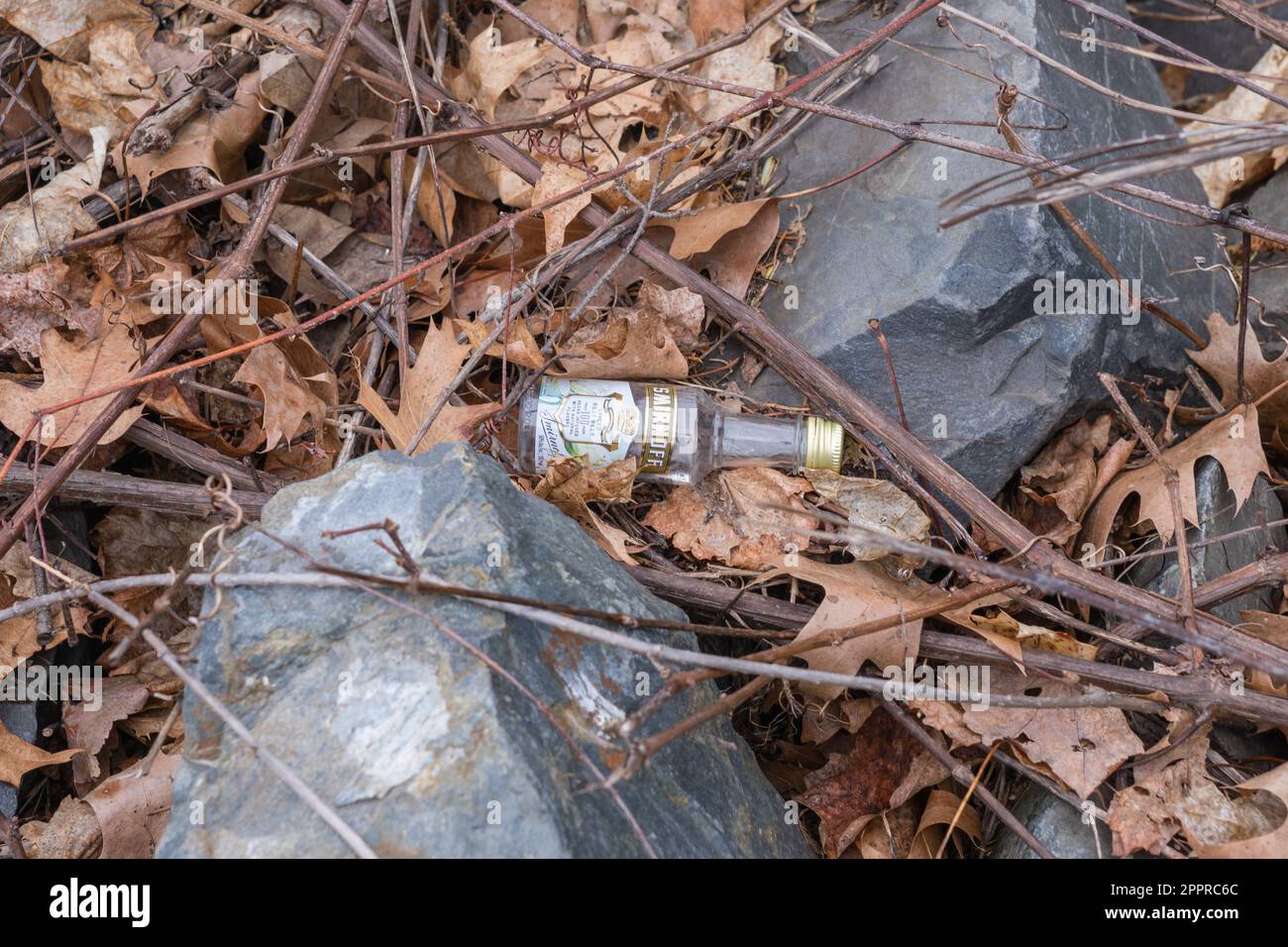 Everett, ma, US-5 avril 2023 : bouteille de liqueur vide au sol. Les communautés locales envisagent d'interdire la vente de bouteilles d'alcool à usage unique. Banque D'Images