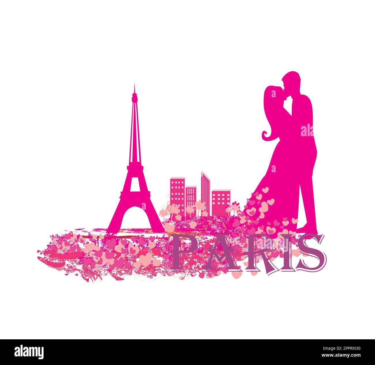 Couple romantique baiser à Paris près de la Tour Eiffel Illustration de Vecteur