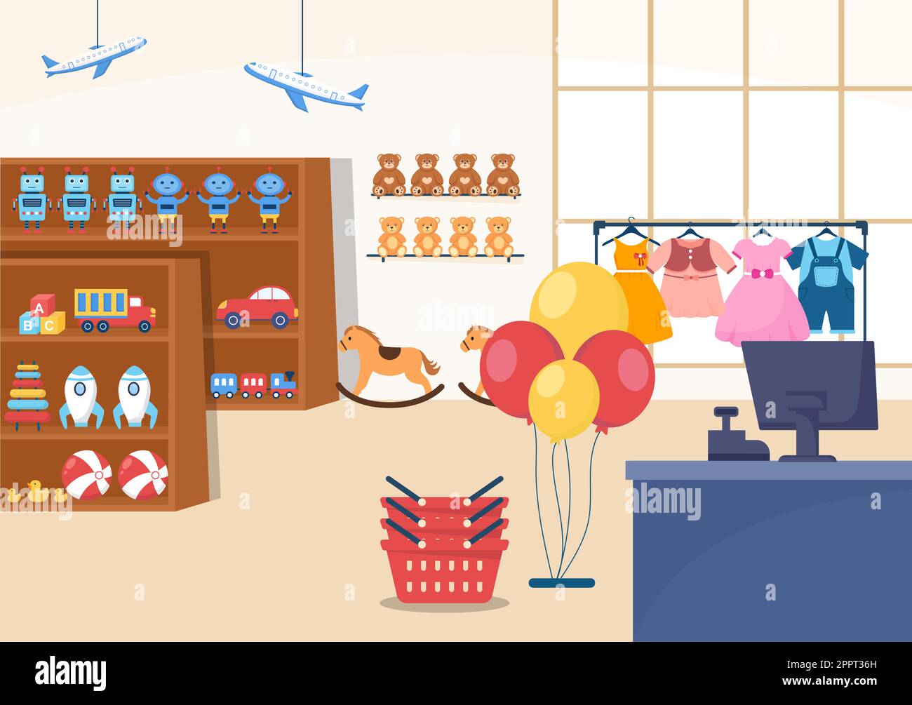 Modèle de bâtiment de magasin pour enfants dessin main dessin dessin dessin animé dessin animé dessin animé Illustration de style plat avec équipement pour enfants tel que les vêtements ou jouets pour le shopping concept Illustration de Vecteur