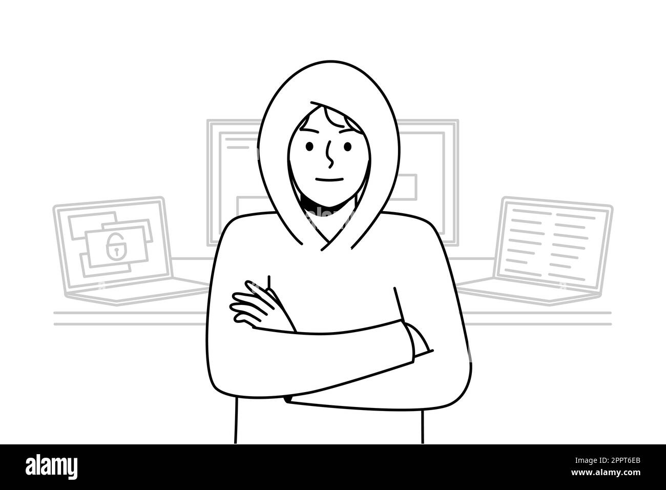 Un hacker mâle se trouve près des ordinateurs Illustration de Vecteur