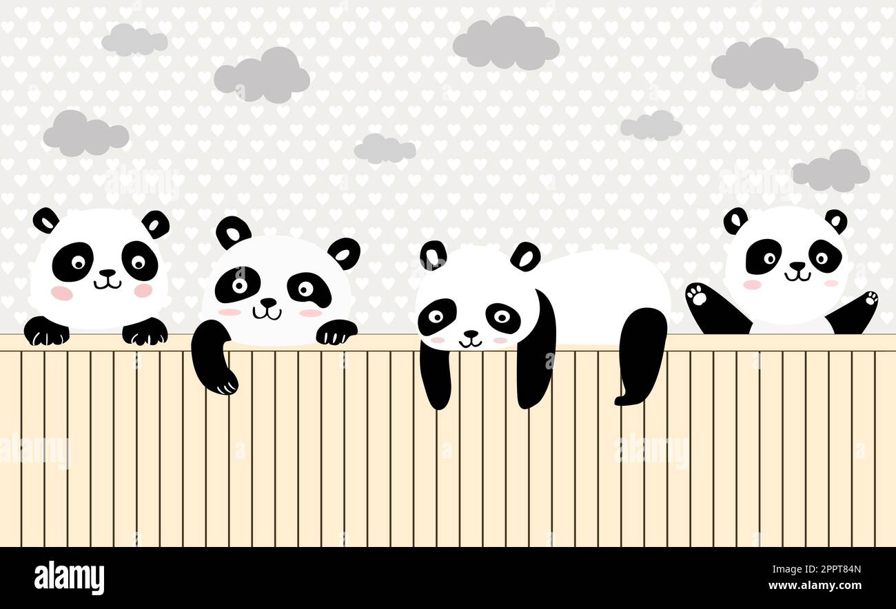 Les pandas naughty s'assoient sur une clôture beige sur fond gris avec des nuages et un point de coeur de polka Banque D'Images