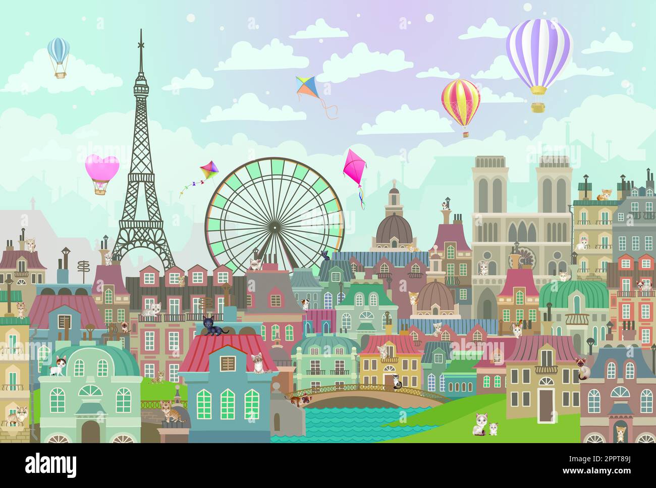 Illustration de papier peint avec vue sur le panorama de Paris avec des ballons dans le ciel et des chats sur les toits des maisons Banque D'Images