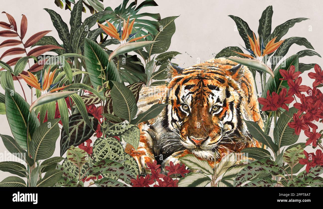 texture d'arrière-plan sans couture avec des feuilles et des fleurs tropicales entourent le tigre, le tigre se cache dans les buissons Banque D'Images