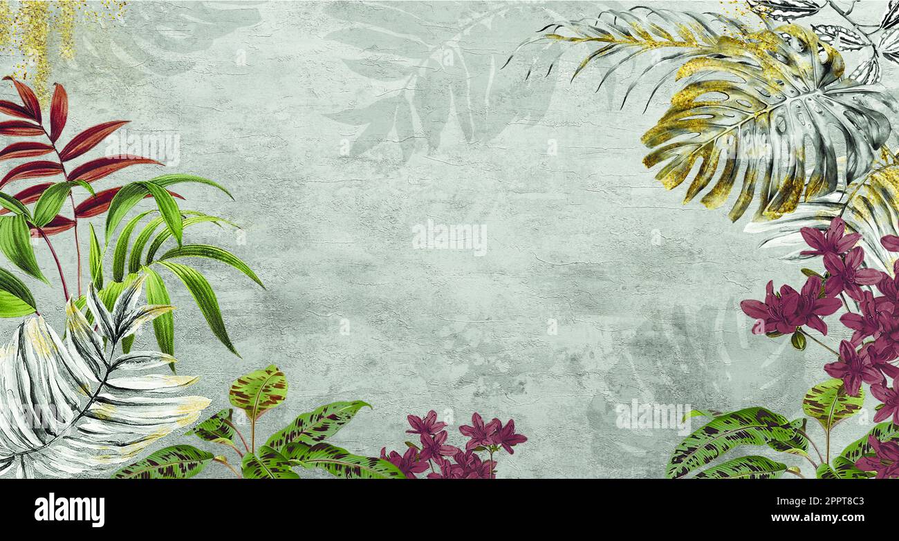 texture d'arrière-plan sans couture du béton avec feuilles et fleurs dorées et tropicales dans un cadre Banque D'Images