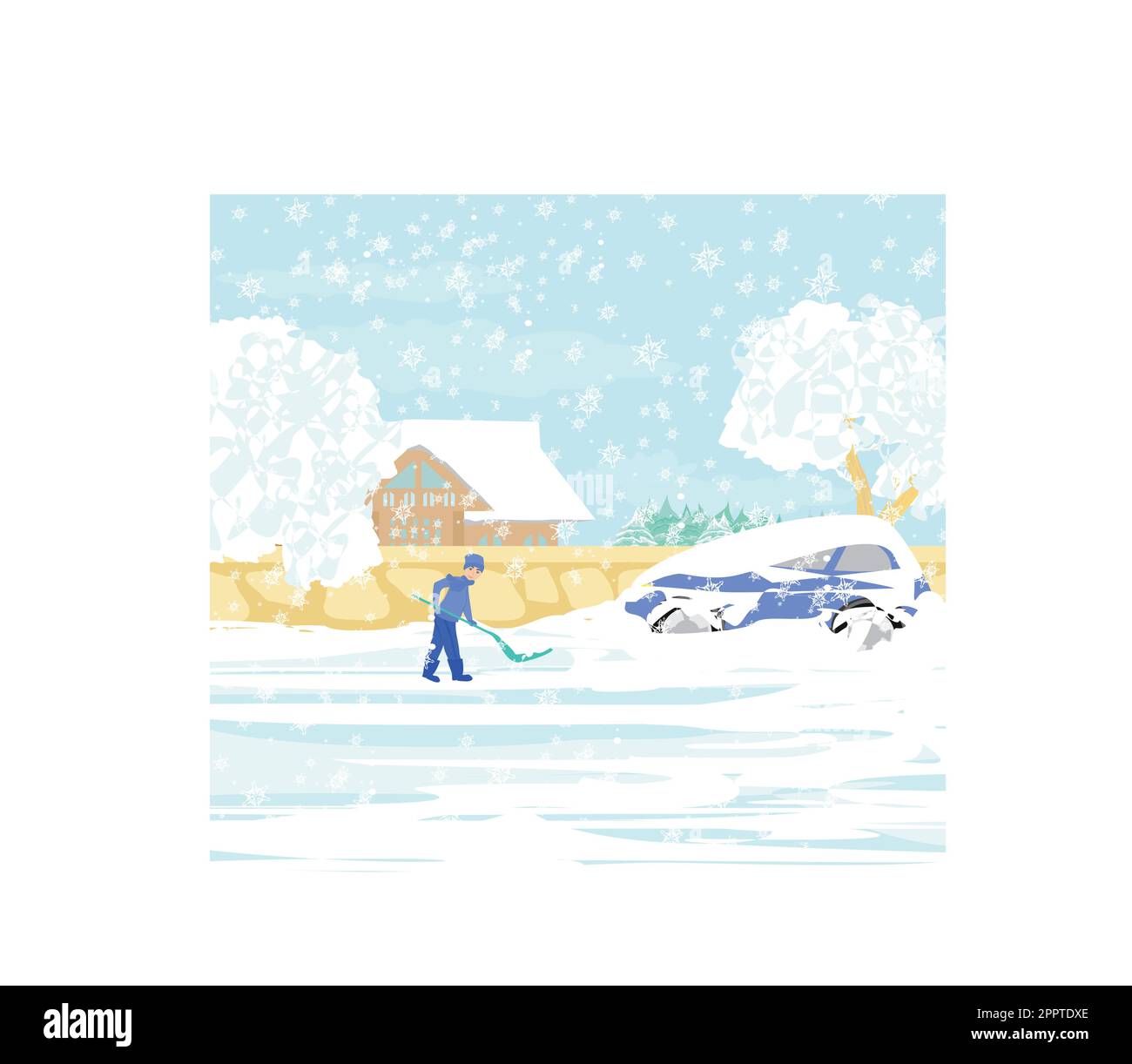 Homme pelleter la neige sur paysage d'hiver Illustration de Vecteur