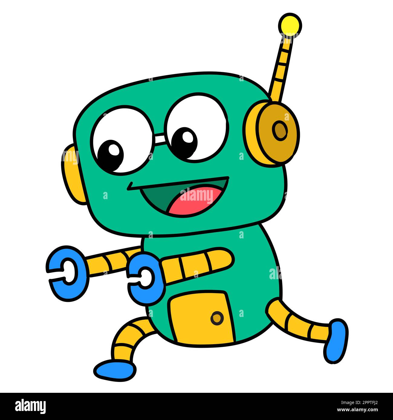 robot de dessin animé courir autour heureusement, doodle kawaii. icône doodle Illustration de Vecteur