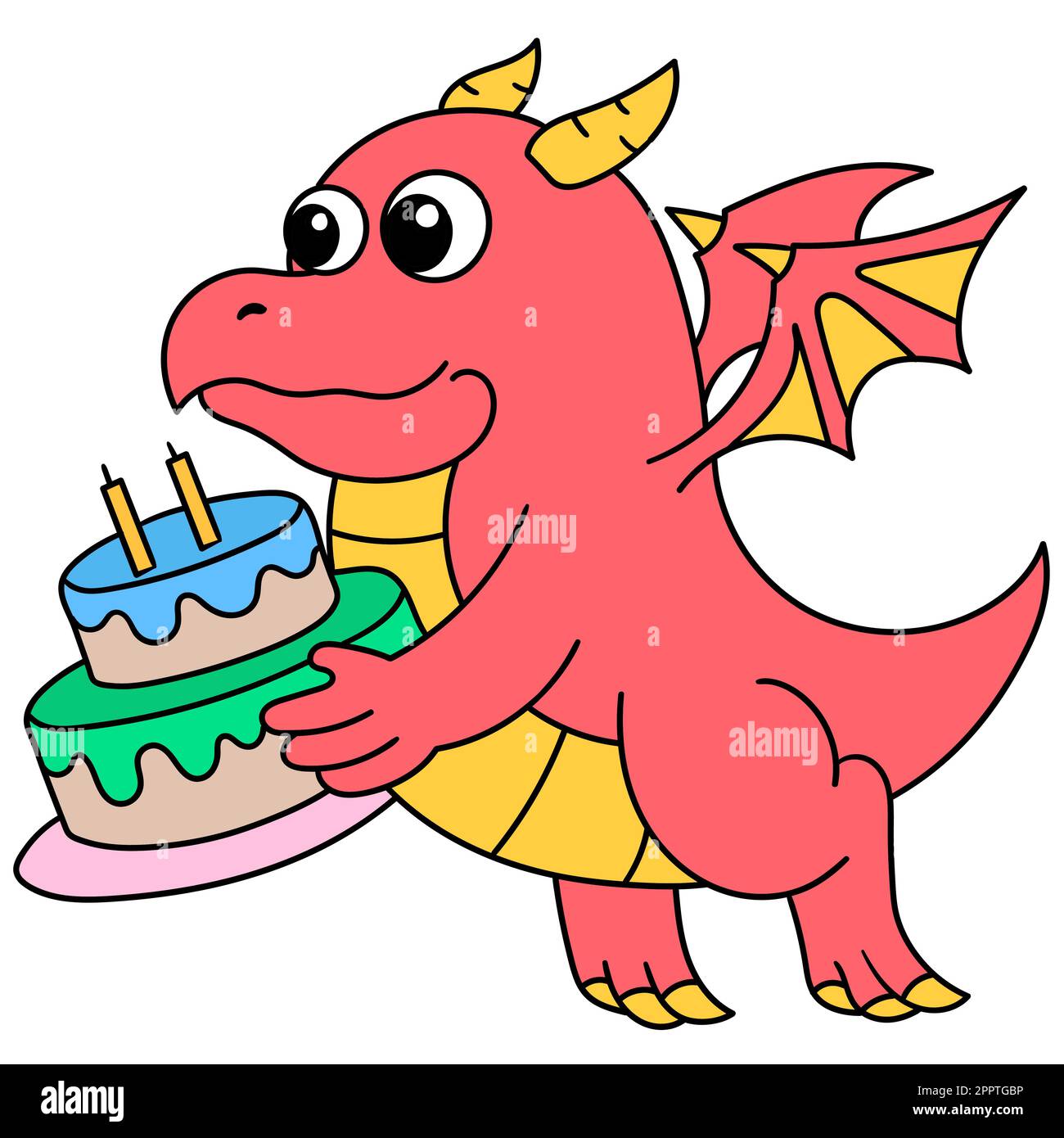 un dragon volant a apporté un gâteau d'anniversaire pour son ami, doodle kawaii. icône doodle Illustration de Vecteur