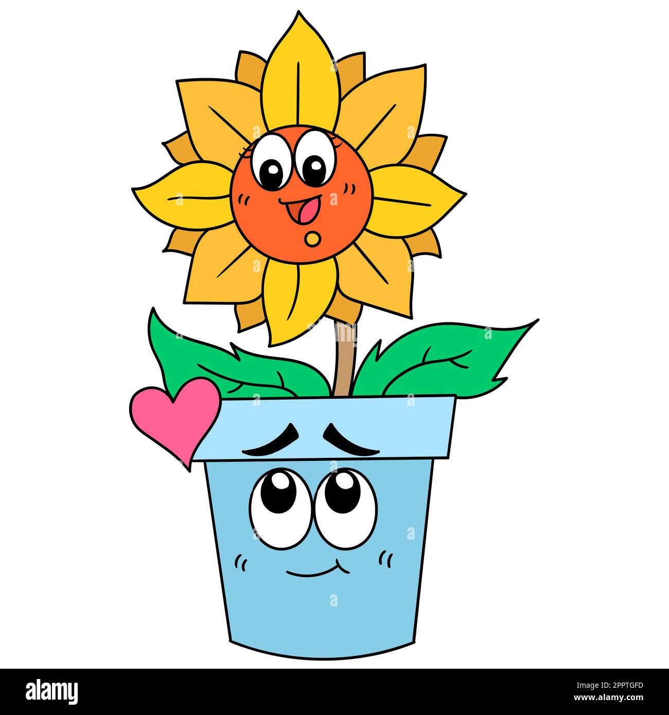 les tournesols qui poussent dans des pots luxuriants sont de belles expressions de rire heureux, l'image d'icône de doodle Illustration de Vecteur