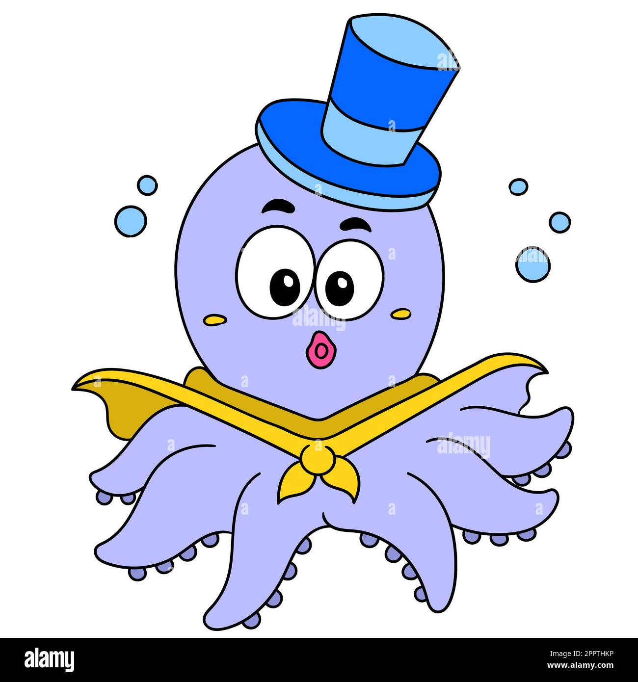 Happy Octopus caricature avec chapeau en action, doodle icône image Illustration de Vecteur