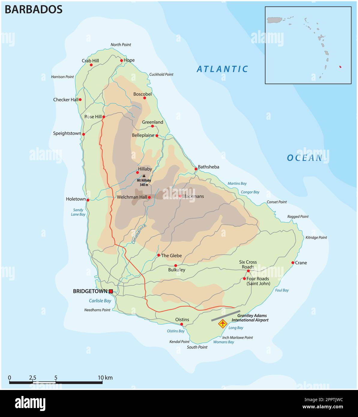Carte routière vectorielle de l'île des Petites Antilles de la Barbade Illustration de Vecteur