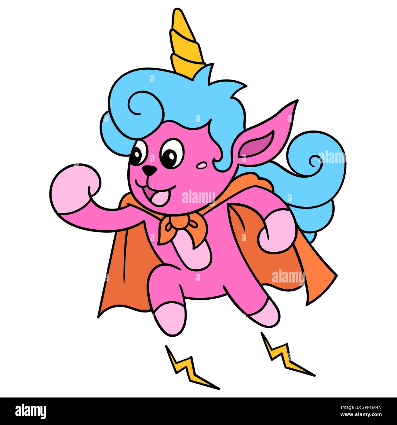 La licorne avec le visage riant heureux vole comme un super-héros, l'icône en forme de doodle image kawaii Illustration de Vecteur