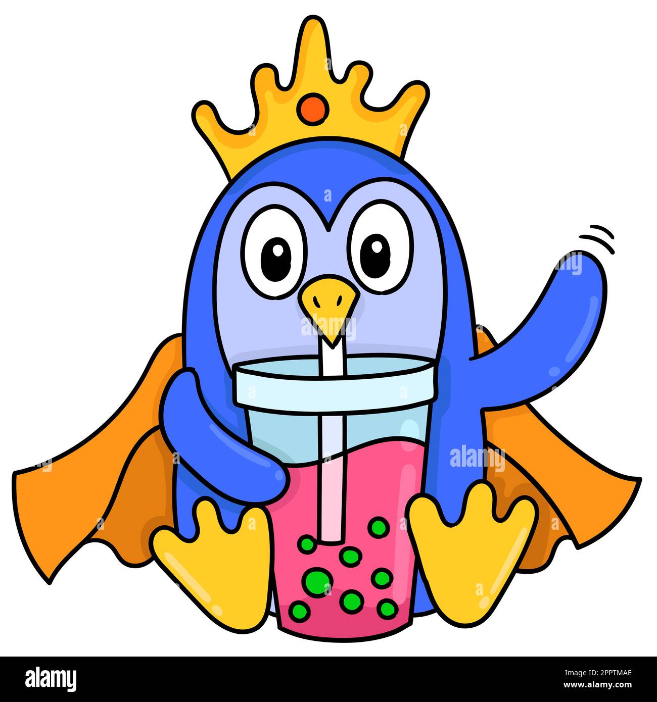 le roi des pingouins qui boivent de la glace de boba avec un visage heureux, l'icône en forme de doodle kawaii image Illustration de Vecteur