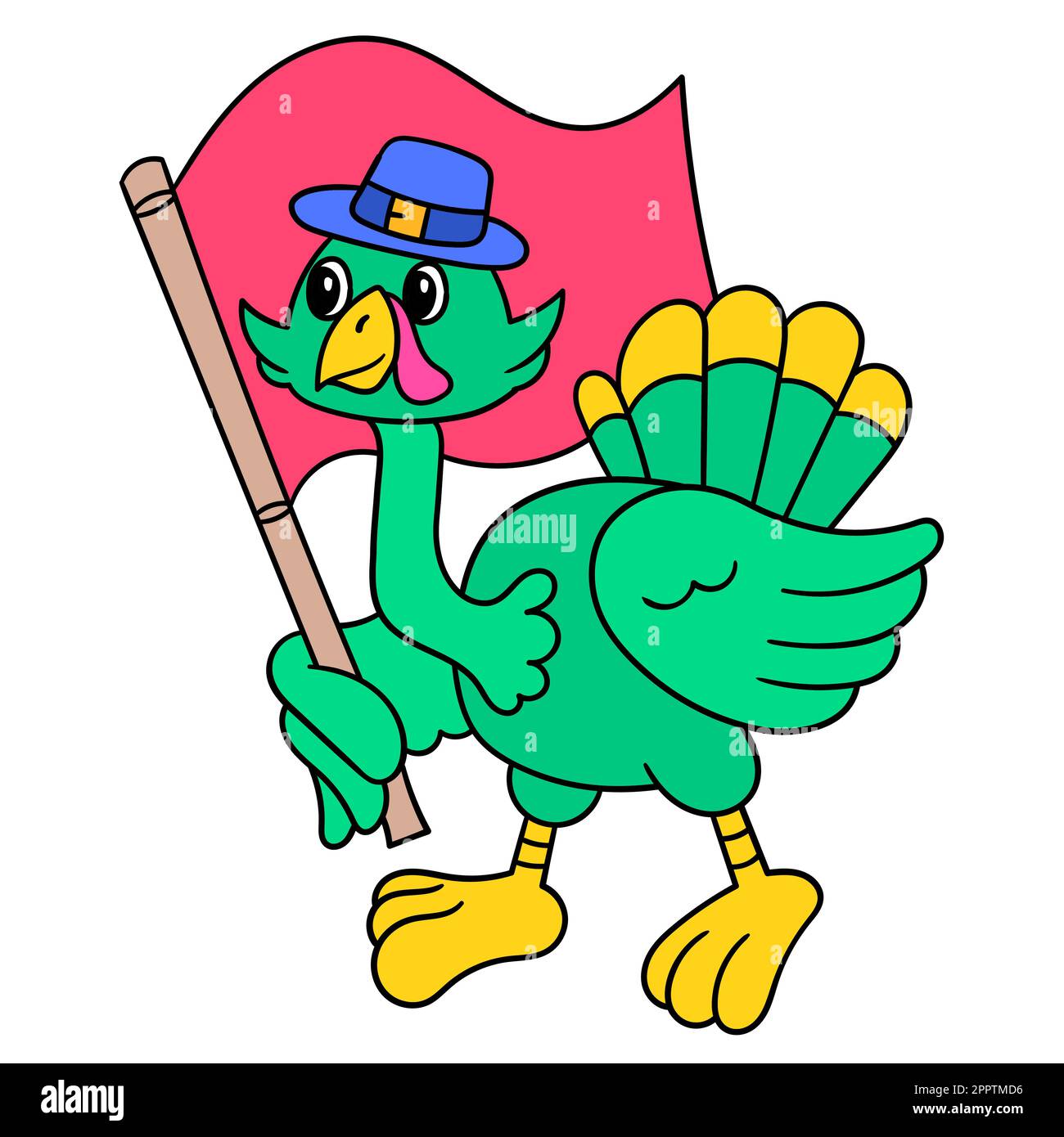 adorable dinde de marche portant un drapeau rouge, l'icône de la caniche image kawaii Illustration de Vecteur