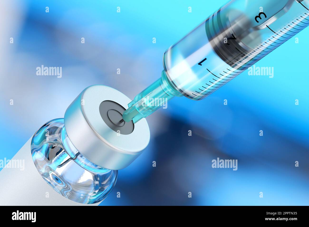 Seringue jetable médicale pour injection de vaccin et flacon en verre sur fond bleu flou. 3D illustration du rendu. Banque D'Images