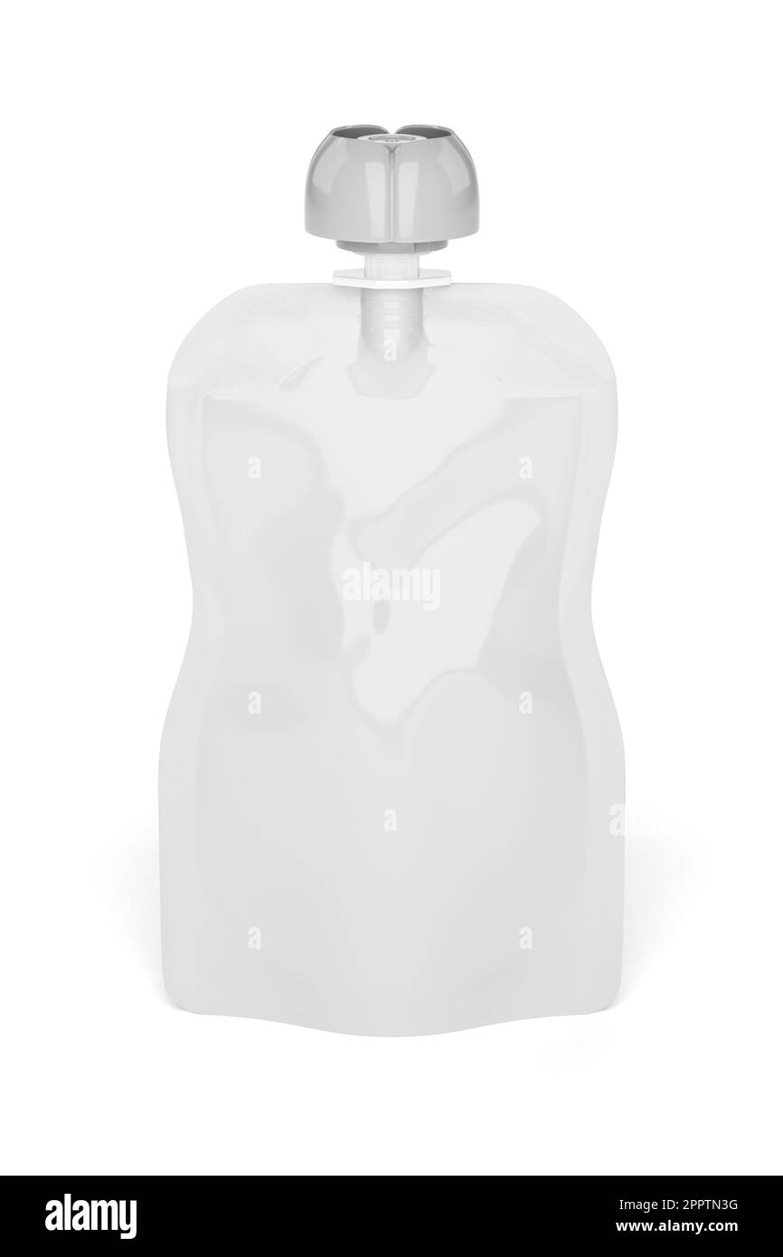Pochette en plastique blanc vide pour la nourriture pour bébé, purée de fruits, yaourt isolé sur fond blanc. Modèle de maquette pour la conception. 3d illustration du rendu. Banque D'Images