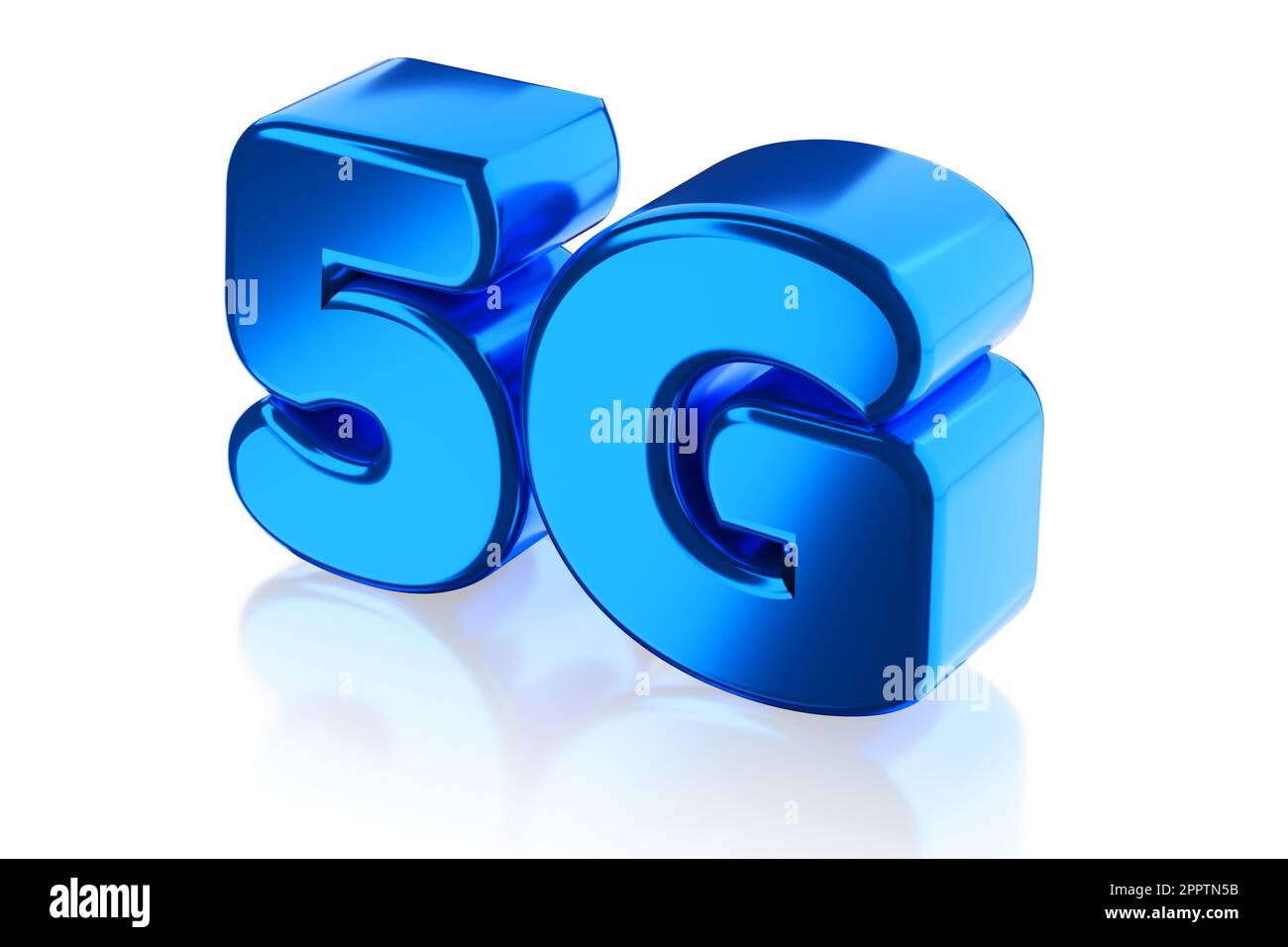 Logo, symbole, icône de la technologie de communication sans fil 5G bleu métallisé isolée sur blanc. 3d illustration du rendu. Banque D'Images