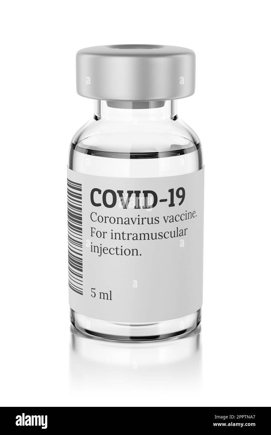 Vaccin par injection COVID-19 dans un flacon médical en verre isolé sur fond blanc. 3D illustration du rendu. Banque D'Images