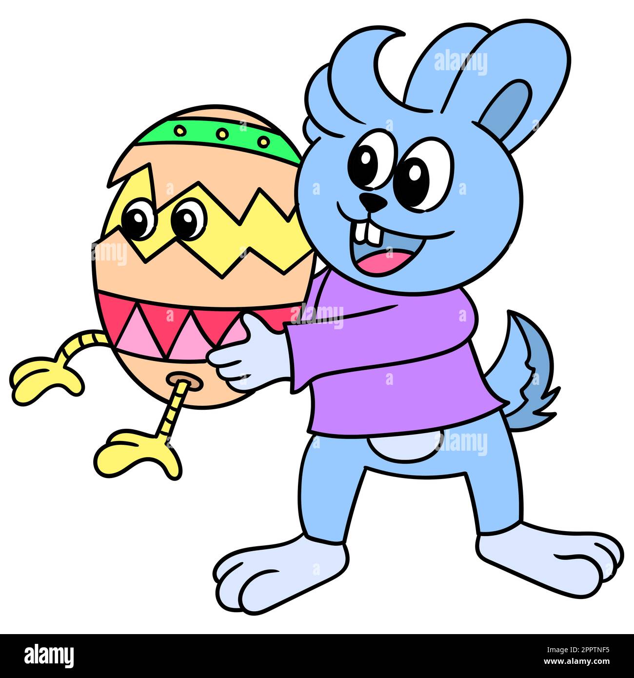 Le lapin porte un œuf coloré pour la célébration de Pâques, l'icône de doodle image kawaii Illustration de Vecteur