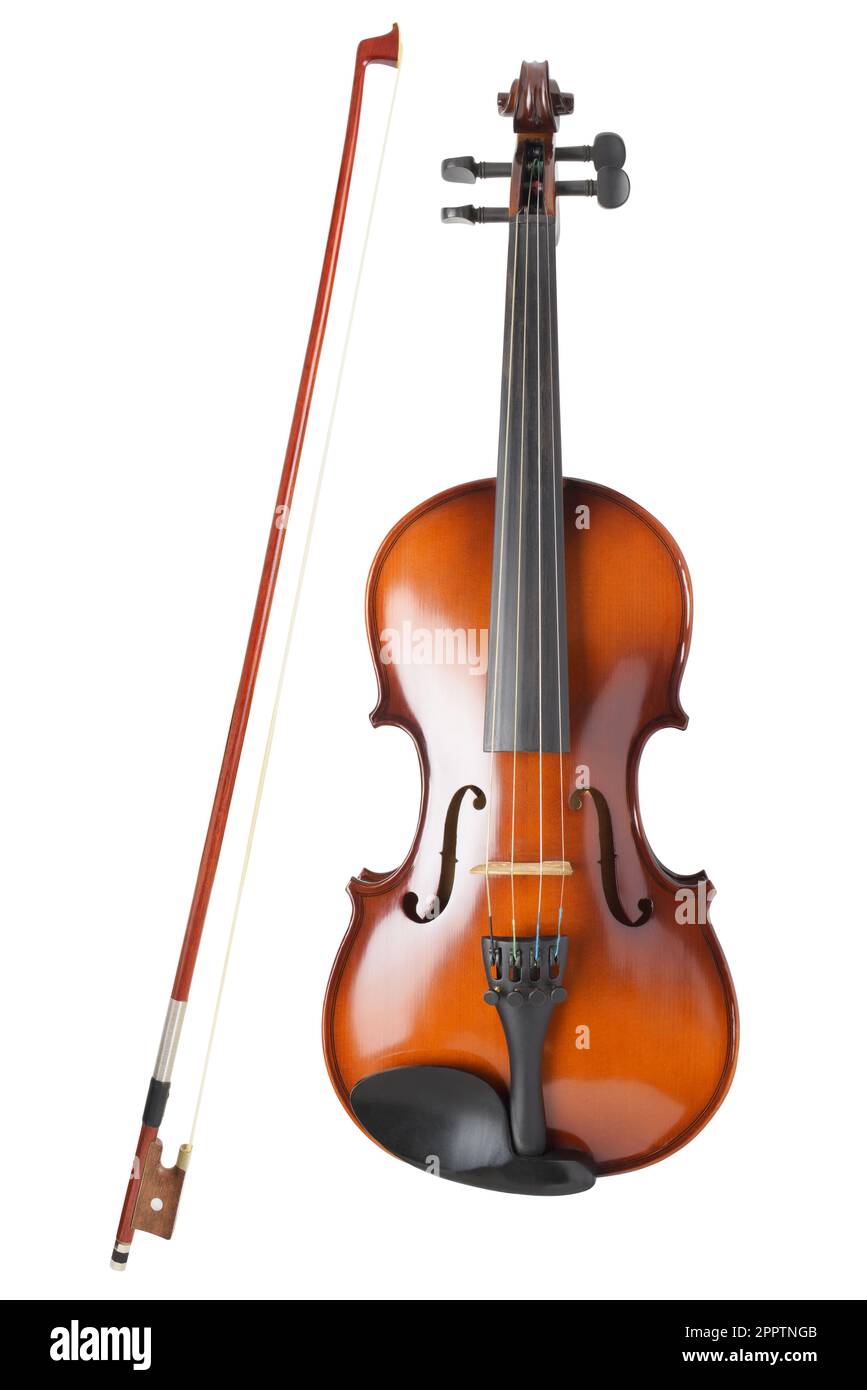 Violon avec arc isolé sur fond blanc. Banque D'Images