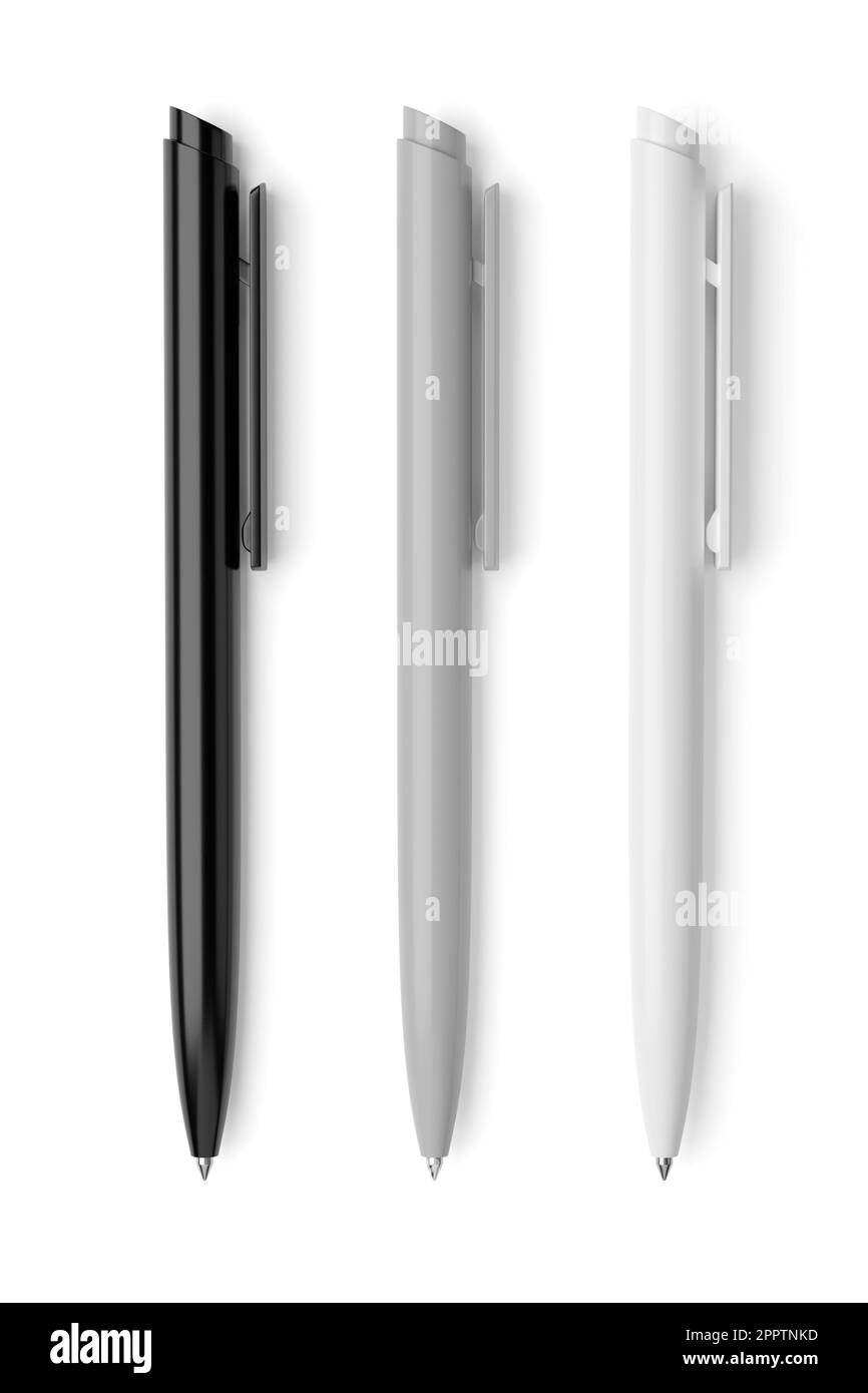 Trois stylos à bille isolés sur fond blanc. Modèle pour la maquette de la papeterie de marquage. 3D illustration du rendu. Banque D'Images