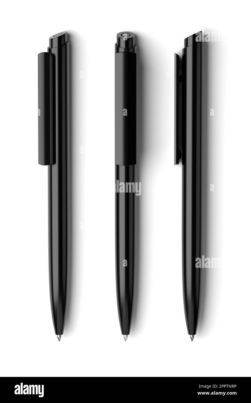 Trois stylos à bille noirs isolés sur fond blanc. Modèle pour la maquette de la papeterie de marquage. 3D illustration du rendu. Banque D'Images