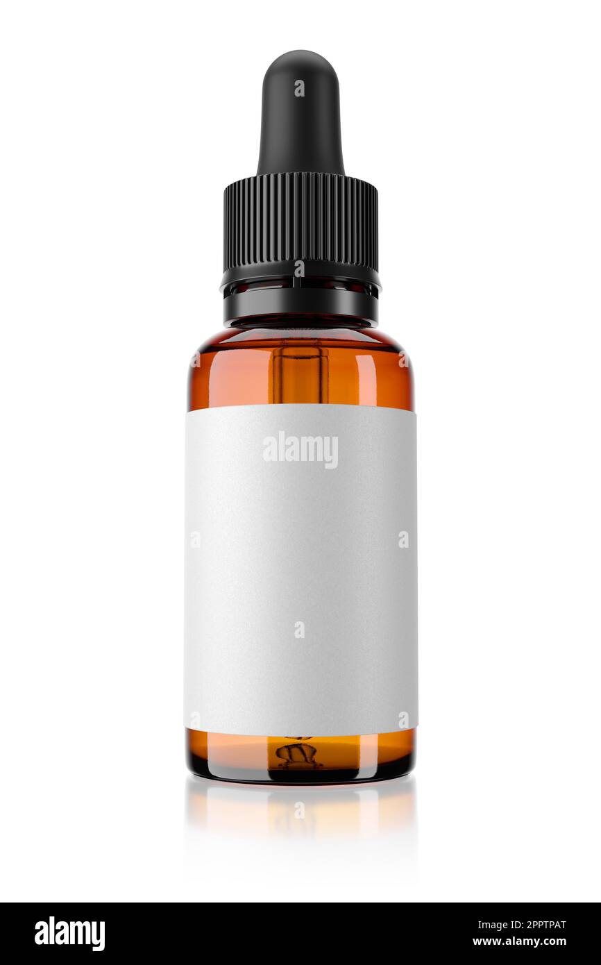 Flacon marron avec compte-gouttes isolé sur fond blanc. 3d illustration du rendu. Banque D'Images