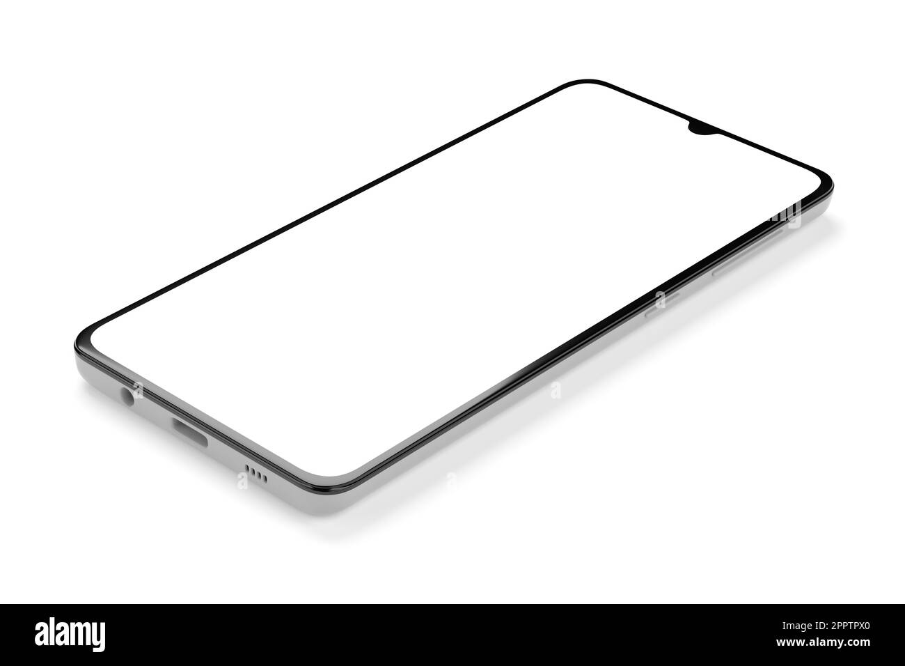 Smartphone avec écran vierge isolé sur fond blanc, modèle de maquette. 3d illustration du rendu. Banque D'Images