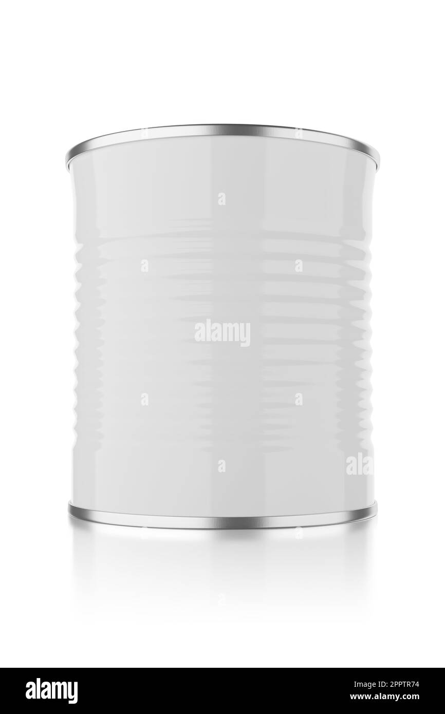 Boîte en étain pour préserver la conception de produits alimentaires. Isolé sur fond blanc. 3D illustration du rendu. Banque D'Images