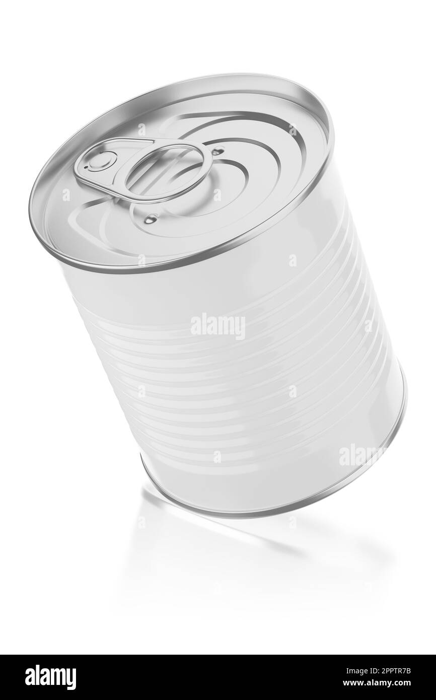 Boîte en étain pour conserver les aliments isolés sur fond blanc. 3D illustration du rendu. Banque D'Images