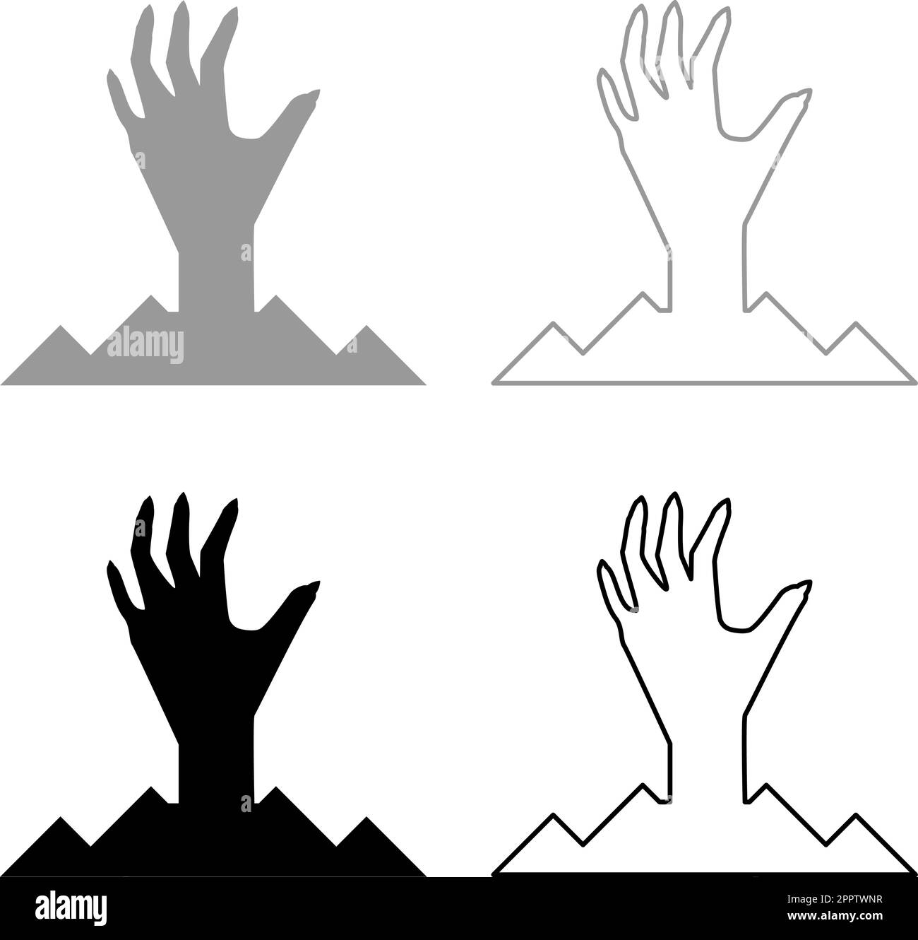 Main humaine effrayante de la silhouette de sol Dead man's Halloween élément décoratif zombie concept spaw effrayant arnagé ongles pointu bony bras doigts homme undead ensemble icône gris noir couleur vecteur illustration image remplissage Uni contour ligne mince plat style Illustration de Vecteur