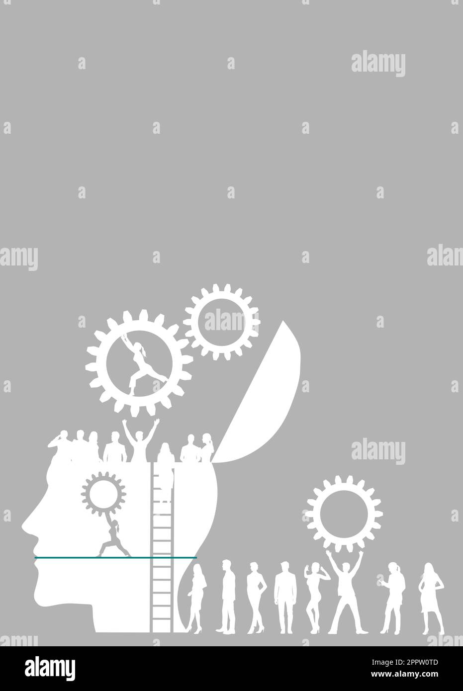 Silhouette abstraite: Les gens montent une échelle dans la tête - psychologie - entraînement - engrenages - perception Illustration de Vecteur