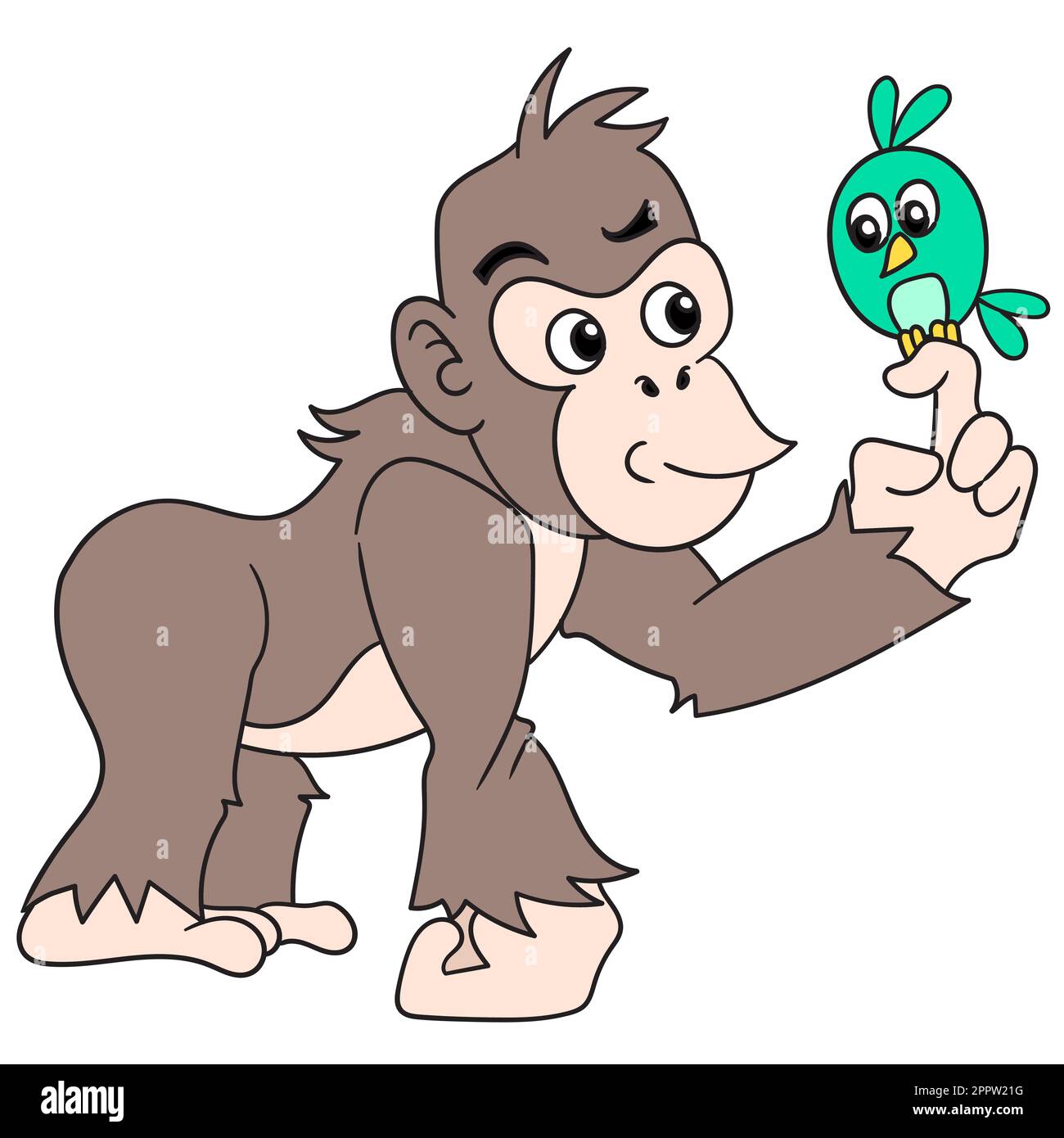 Gros gorilles musclés befriend poussins, doodle icône image kawaii Illustration de Vecteur