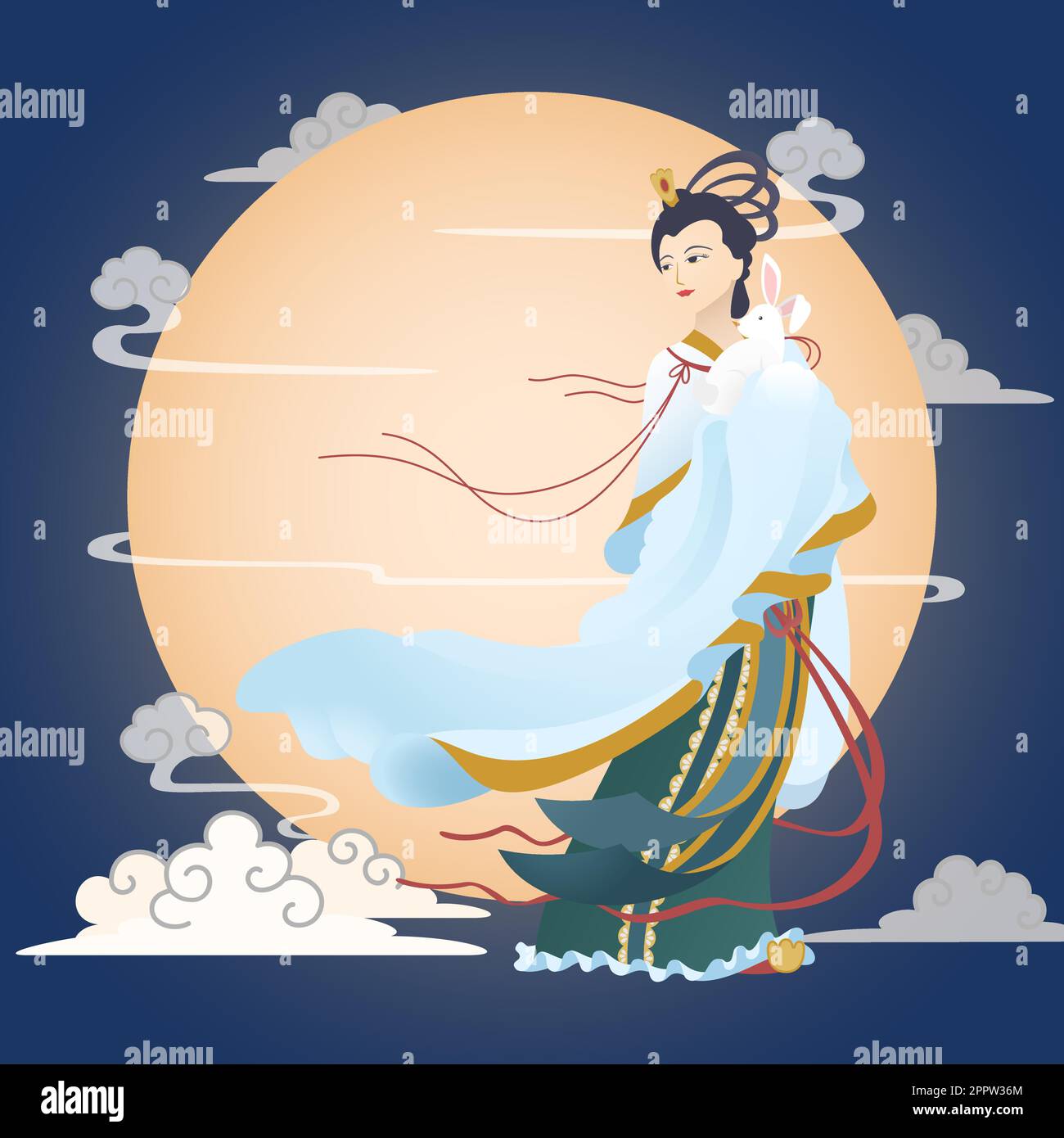 fête de la mi-automne déesse de lune tenant lapin avec fond de grande lune Illustration de Vecteur
