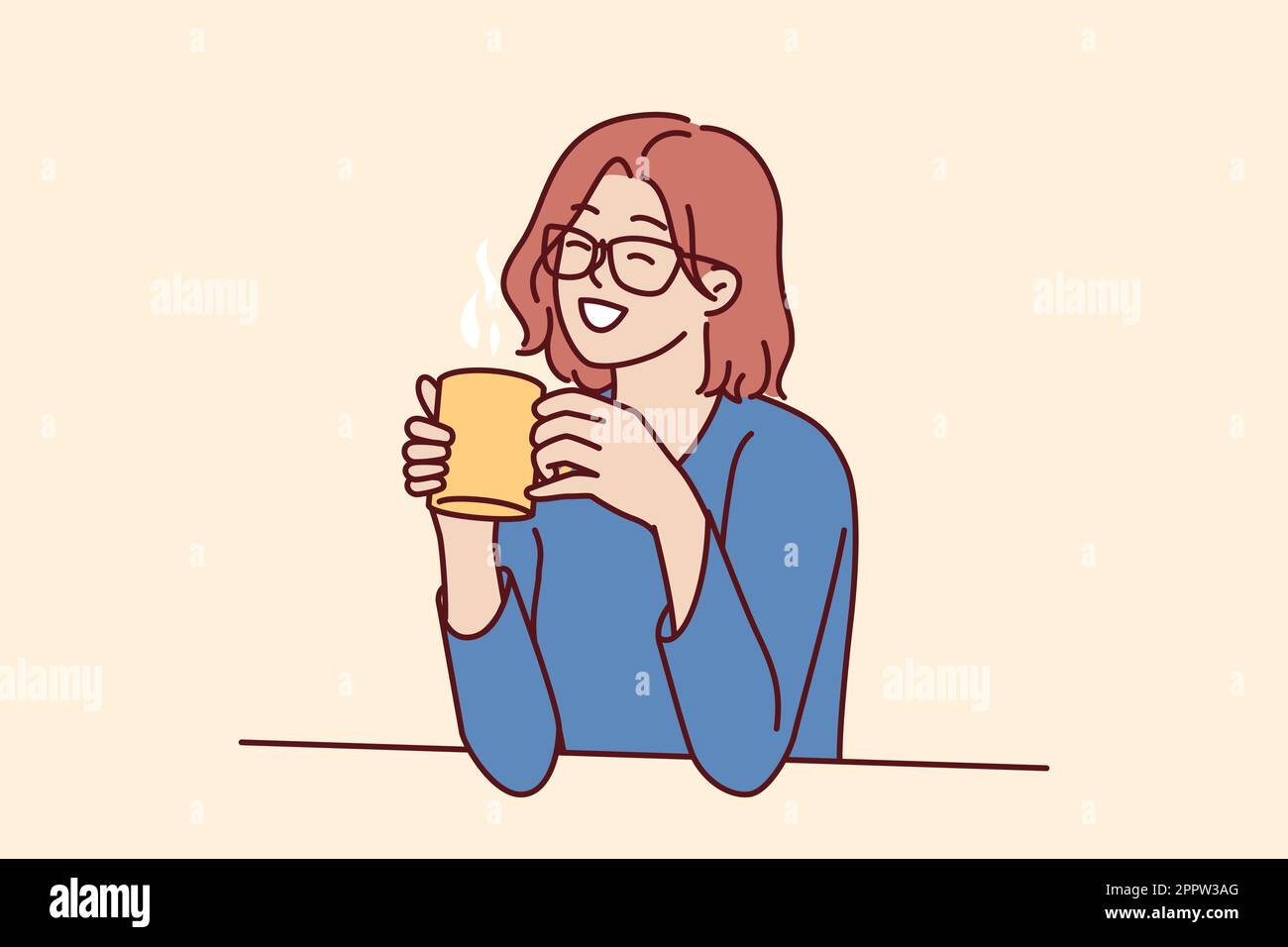 Joyeuse femme tenant une tasse de café assis à table et souriante se souvenant de moments heureux de la vie Illustration de Vecteur